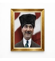 Tablore Atatürk Portresi Lüks Gold Çerçeveli Tablo - Kalpaklı Özel Renklendirme Yağlı Boya Görünümlü Kanvas