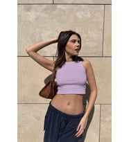 Nare Lila Bisiklet Yaka Kolsuz Crop Bluz (Lila)