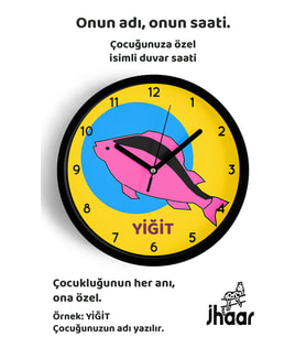 İsme Özel Soyut Balık Çocuk Odası Duvar Saati Orta Boy 30 cm Siyah Camlı Sessiz