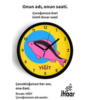 İsme Özel Soyut Balık Çocuk Odası Duvar Saati Orta Boy 30 cm Siyah Camlı Sessiz