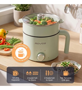 ROVOS RV-5100 Elektrikli Mini Tencere 1,8 L, Buharlı Pişirme Aparatlı, Yapışmaz Tencere, Ramen, Makarna, Çorba ve Yemek Pişirici