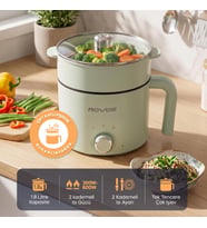 ROVOS RV-5100 Elektrikli Mini Tencere 1,8 L, Buharlı Pişirme Aparatlı, Yapışmaz Tencere, Ramen, Makarna, Çorba ve Yemek Pişirici