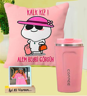 Kişiye Özel Kalk Kız Alem Beybi Görsün Yastık & Pinky Paslanmaz Çelik Pembe Termos Seti