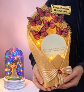 Size Özel Led Işıklı Aynalı Pembe Kelebek Buketi ve Renkli Işıklı Biblolu Fanus (Model 9)