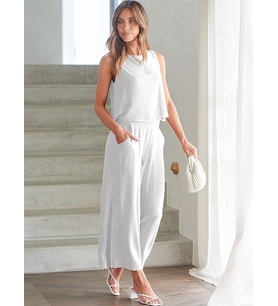Keten Yazlık Yüksel Bel Capri Pantolon Sırt Detaylı Kolsuz İkili Takım (Ekru)