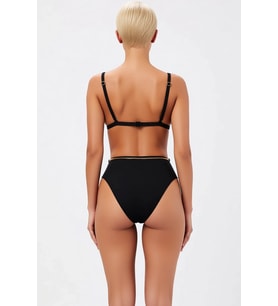 Kadın Bikini Takımı Üçgen Kap Yüksek Bel Düz Desen Zincir Charm Aksesuarlı Örme Kumaş Slip Alt