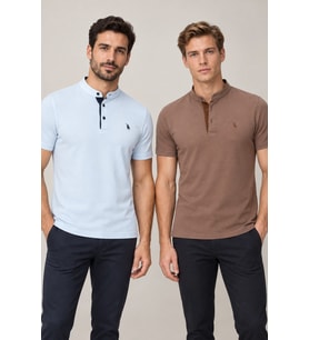 Dewberry Erkek Pamuklu Tişört 2'li Set Kahve-Açık Mavi T8560 Günlük Giyim, Casual Stil, Jean ve Şort Kombini