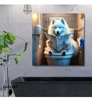Tekli Kare Kanvas Banyo Tablosu Gazete Okuyan Samoyed Köpek