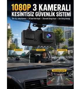 3 Kameralı Araç İçi DVR Kayıt Cihazı Ön İç Arka Kamera Full HD