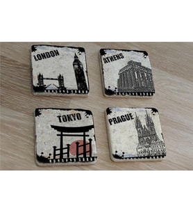 Siyah Beyaz Londra Atina Tokyo Prag Doğal Taş Bardak Altlığı 4'lü set - Natural Stone Coasters