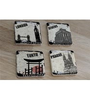 Siyah Beyaz Londra Atina Tokyo Prag Doğal Taş Bardak Altlığı 4'lü set - Natural Stone Coasters