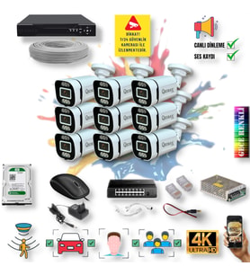 9 Kameralı IP Set - Yapay Zeka Özellikli Gece Renkli Gösteren Sesli 6 Warm Ledli 4K FULLHD IP Güvenlik Kamerası Seti 4386WS