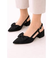 Trendyshose 4201 Fiyonklu  Model  Topuk Kadın Ayakkabı (Süet Siyah)