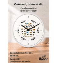 İsme Özel Renkli Kelebekler Çocuk Odası Duvar Saati Orta Boy 30 cm Beyaz Camlı Sessiz