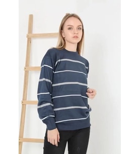 Unisex İnce Çizgili Bisiklet Yaka Triko Kazak - Lacivert