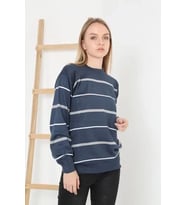 Unisex İnce Çizgili Bisiklet Yaka Triko Kazak - Lacivert