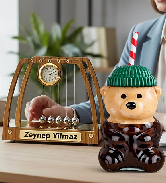 Kişiye Özel İsimli Newton Denge Topları & Bearista Şapkalı Ayıcık Pipetli Bardak