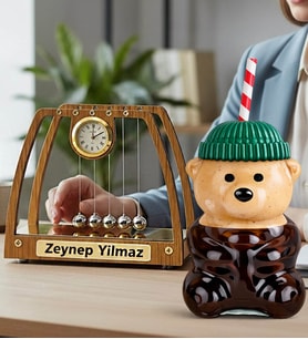 Kişiye Özel İsimli Newton Denge Topları & Bearista Şapkalı Ayıcık Pipetli Bardak
