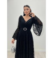 Dantel Kumaş Kolları Volan Detaylı - SİYAH