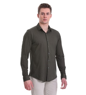 Hatemoğlu Yeşil Slim Fit Baskılı %100 Pamuklu Slim Yaka Uzun Kollu Baskılı Casual Gömlek