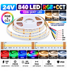 5 Metre 24V 840 Led 12mm RGB+CCT RGB Beyaz ve Günışığı Cob Şerit Led 6 Pin