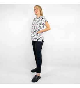 Unisex Beyaz Panda Desenli Likralı Doktor Hemşire Scrubs Üniforma Takımı