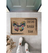 Dormot Modern Dijital Baskı - Çerçeveli Stresini Burada Bırak Kelebek 70x45cm Kapı Önü Paspası (Bej)