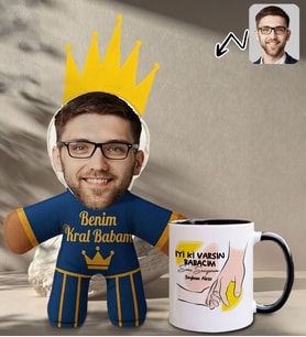 BK Gift Kişiye Özel Fotoğraflı Kral Babam Tasarımlı Bebek Yastık-2 & Siyah Kupa Bardak Hediye Seti-10, Babalar Günü Hediye, Babaya Hediye