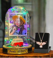 Kişiye Özel Renkli Led Işıklı Fanus ve Zümrüdü Anka Kuşu Kolyesi (Model 2)