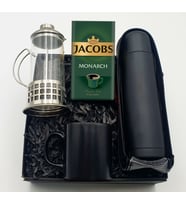 Siyah Kilitli Kapaklı Çelik Termos 500 ML & Metal Kaplama Cam French Press 350 ML & Siyah Kupa & Jacobs Monarch Filtre Kahve