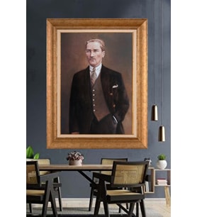 Altın Varaklı Çerçeveli Paspartulu Atatürk Tablo nh39 (Gold)