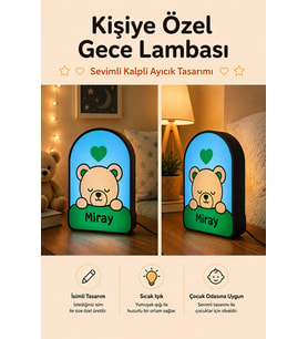 Kişiye Özel İsimli Kalpli Sevimli Ayıcık Gece Lambası Sıcak Işıklı Çocuk ve Bebek Odası Dekoru