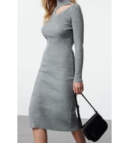 Kadın Midi Boy Bodycon Triko Elbise Fitilli Dokuma Dik Yaka Cut Out Detaylı Şık Uzun Kol Kaliteli