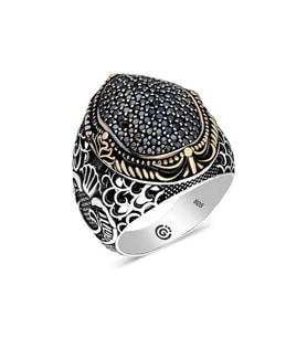 Gümüş Siyah Zirkon Taşlı Oval Erkek Yüzük