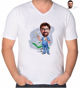 BK Gift Kişiye Özel Erkek Diş Hekimi Karikatürlü V Yaka Tişört-4 (Beyaz)