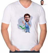 BK Gift Kişiye Özel Erkek Diş Hekimi Karikatürlü V Yaka Tişört-4 (Beyaz)