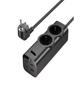 67W GaN Hızlı Şarjlı Kablolu Priz – 3x Type-C + 1x USB + 2'li Priz  1.5M Uzatma Kablosu – Siyah