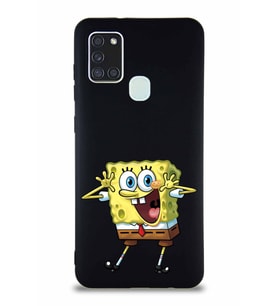 Samsung Galaxy A21S Soft Premier Kapak Sünger Bob Tasarımlı Silikon Kılıf - Siyah (Şeffaf)