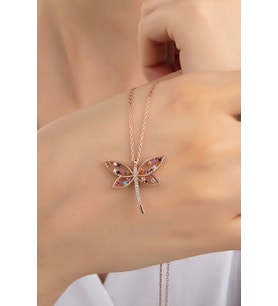 Kadın Orjinal 925 Ayar Gümüş Zirkon Taşlı Yusufçuk Kelebek Model Kolye (Rose)