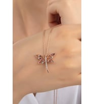 Kadın Orjinal 925 Ayar Gümüş Zirkon Taşlı Yusufçuk Kelebek Model Kolye (Rose)