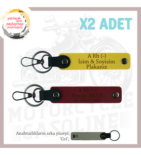 Motor Tutkunlarına İsim Plaka ve A Rh (-) Kan Grubu Yazılı Özel Üretim x2 Anahtarlık, Sarı-Bordo-Gr