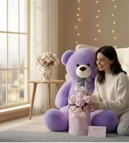 Premium 90 cm Peluş Ayı ve Silindir Pembe Kalpli Kutuda, Kalpli Balonlu 6’lı Pembe Ayıcık Buketi (Lila)
