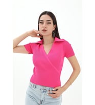 Kruvaze Polo Yaka Triko Kazak - Fuşya