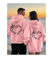 Sevgili Çift Kombin Hoodie Notalı Kalp Baskılı Oversize Kapüşonlu Sweatshirt 2’li Set Unisex 3 İplik (Pembe)