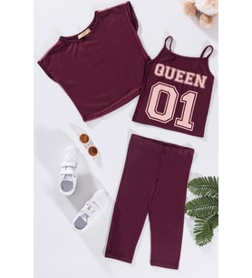 3'lü Queen Baskılı Tshirt Atlet Tayt Bordo Takım