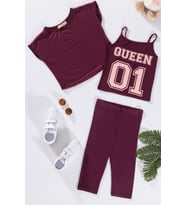 3'lü Queen Baskılı Tshirt Atlet Tayt Bordo Takım