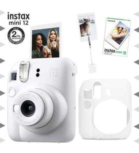 Instax mini 12 Beyaz Fotoğraf Makinesi-10'lu Film-Kıskaçlı Resim Standı ve Silikon Kılıf Seti