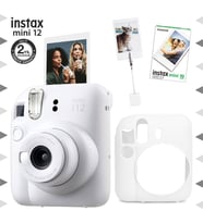 Instax mini 12 Beyaz Fotoğraf Makinesi-10'lu Film-Kıskaçlı Resim Standı ve Silikon Kılıf Seti