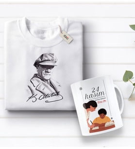 BK Gift Kişiye Özel Öğretmenler Günü Tasarımlı Kupa Bardak ve Atatürk Baskılı Tişört Hediye Seti- 1-6, Öğretmene Hediye, Öğretmenler Günü, 100. Yıl Hediyesi