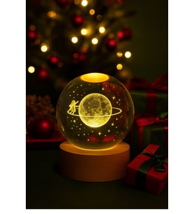 3D Satürn Kız Küre Kristal Led Gece Lambası – USB'li Ahşap Standlı LED Masa & Gece Lambası RGB